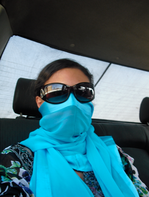 2010 Egypt: Susan Elsa in Car from Cairo to the Hot Eye (Geothermal Sources 1 hour from Cairo)- the Silk scarf was a fashion invention back then to have an ELEGANT SOLUTION FOR ALLERGIC ASTHMA (Egypt is dusty/sandy) © 